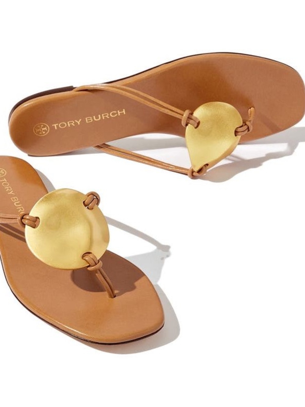 Tory Burch Tan Cognac “Pathos” Leather Thong Sandals with Gold Disc Accent